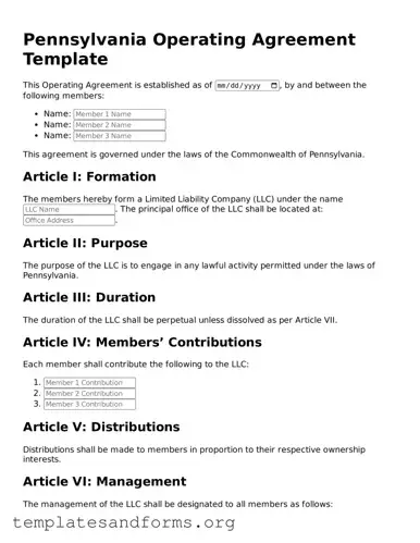 Free Operating Agreement Form for the State of Pennsylvania
