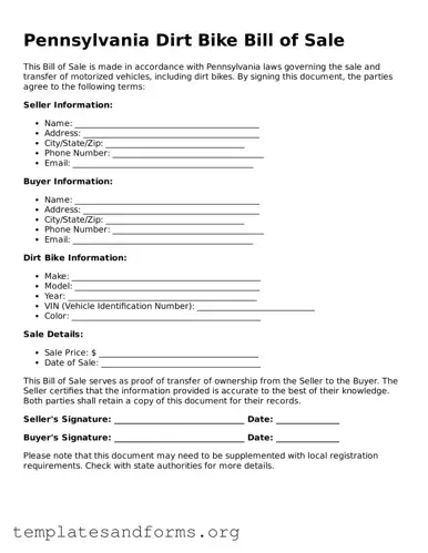 Free Dirt Bike Bill of Sale Form for the State of Pennsylvania