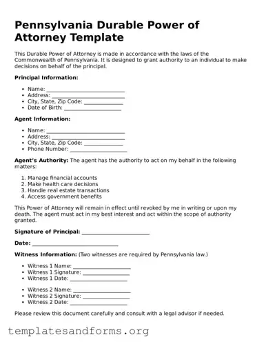Free Durable Power of Attorney Form for the State of Pennsylvania
