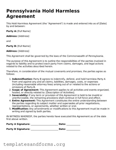 Free Hold Harmless Agreement Form for the State of Pennsylvania