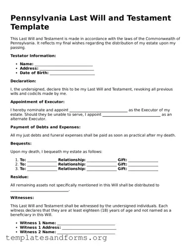 Free Last Will and Testament Form for the State of Pennsylvania