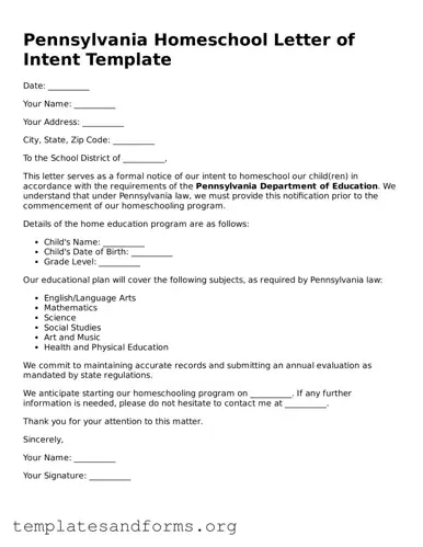 Free Homeschool Letter of Intent Form for the State of Pennsylvania