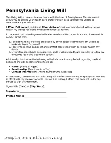 Free Living Will Form for the State of Pennsylvania