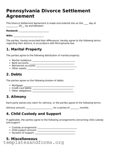 Free Divorce Settlement Agreement Form for the State of Pennsylvania