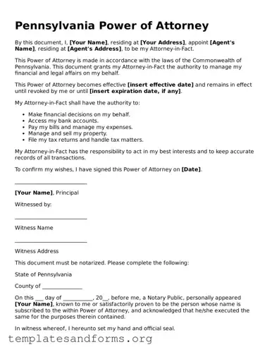 Free Power of Attorney Form for the State of Pennsylvania