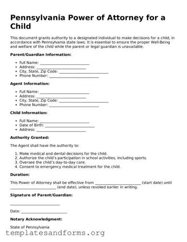 Free Power of Attorney for a Child Form for the State of Pennsylvania