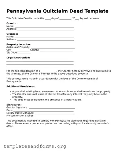 Free Quitclaim Deed Form for the State of Pennsylvania