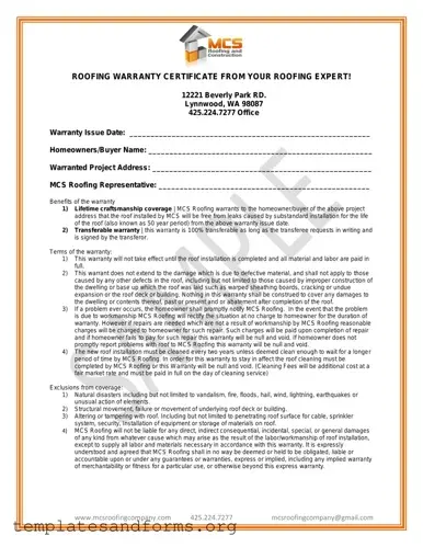 Fill in a Valid Roofing Warranty Certificate Form