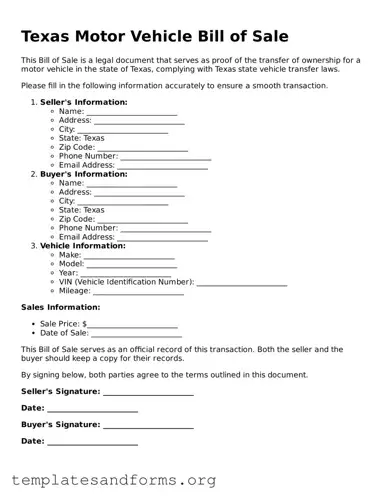Free Motor Vehicle Bill of Sale Form for the State of Texas