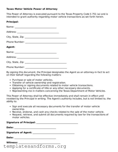 Free Motor Vehicle Power of Attorney Form for the State of Texas
