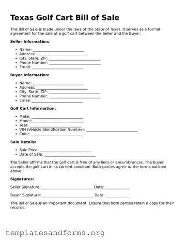Free Golf Cart Bill of Sale Form for the State of Texas