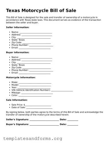 Free Motorcycle Bill of Sale Form for the State of Texas
