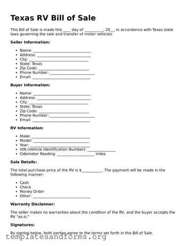 Free RV Bill of Sale Form for the State of Texas