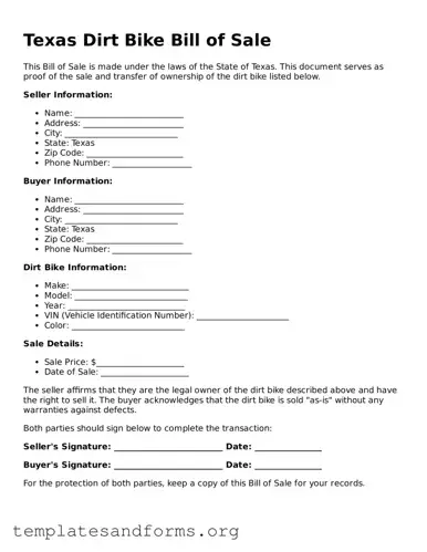 Free Dirt Bike Bill of Sale Form for the State of Texas