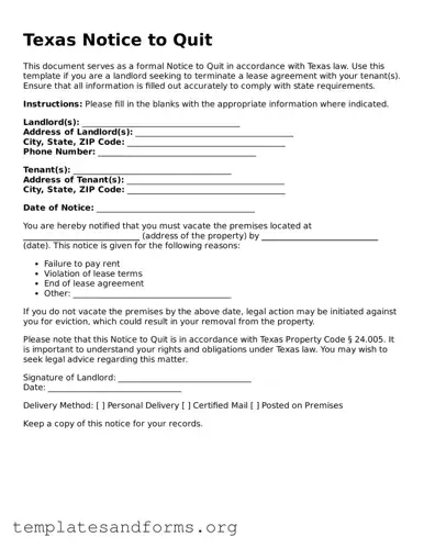 Free Notice to Quit Form for the State of Texas