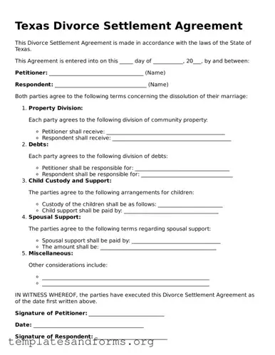 Free Divorce Settlement Agreement Form for the State of Texas