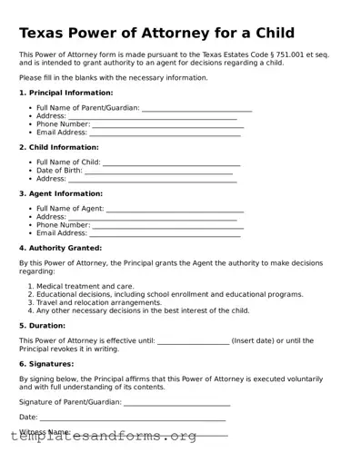 Free Power of Attorney for a Child Form for the State of Texas