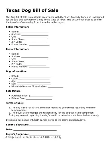 Free Dog Bill of Sale Form for the State of Texas