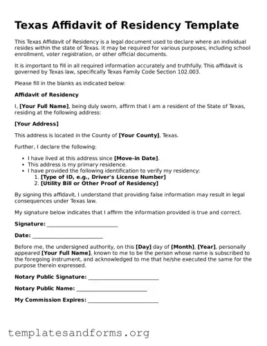 Free Affidavit of Residency Form for the State of Texas