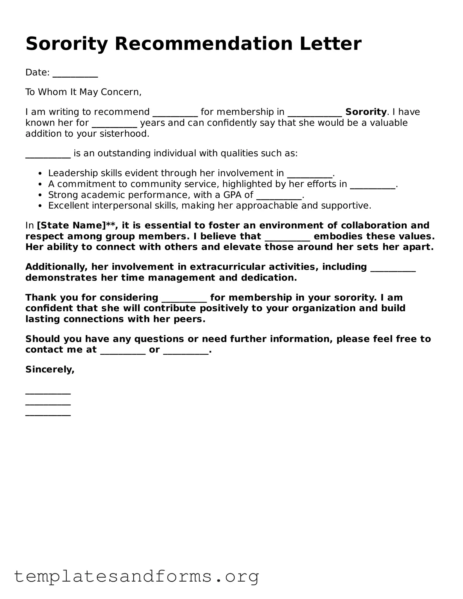 Blank Sorority Recommendation Letter Document