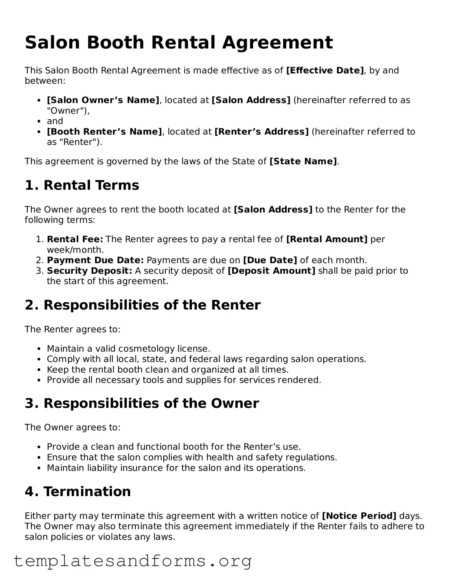 Blank Salon Booth Rental Agreement Document