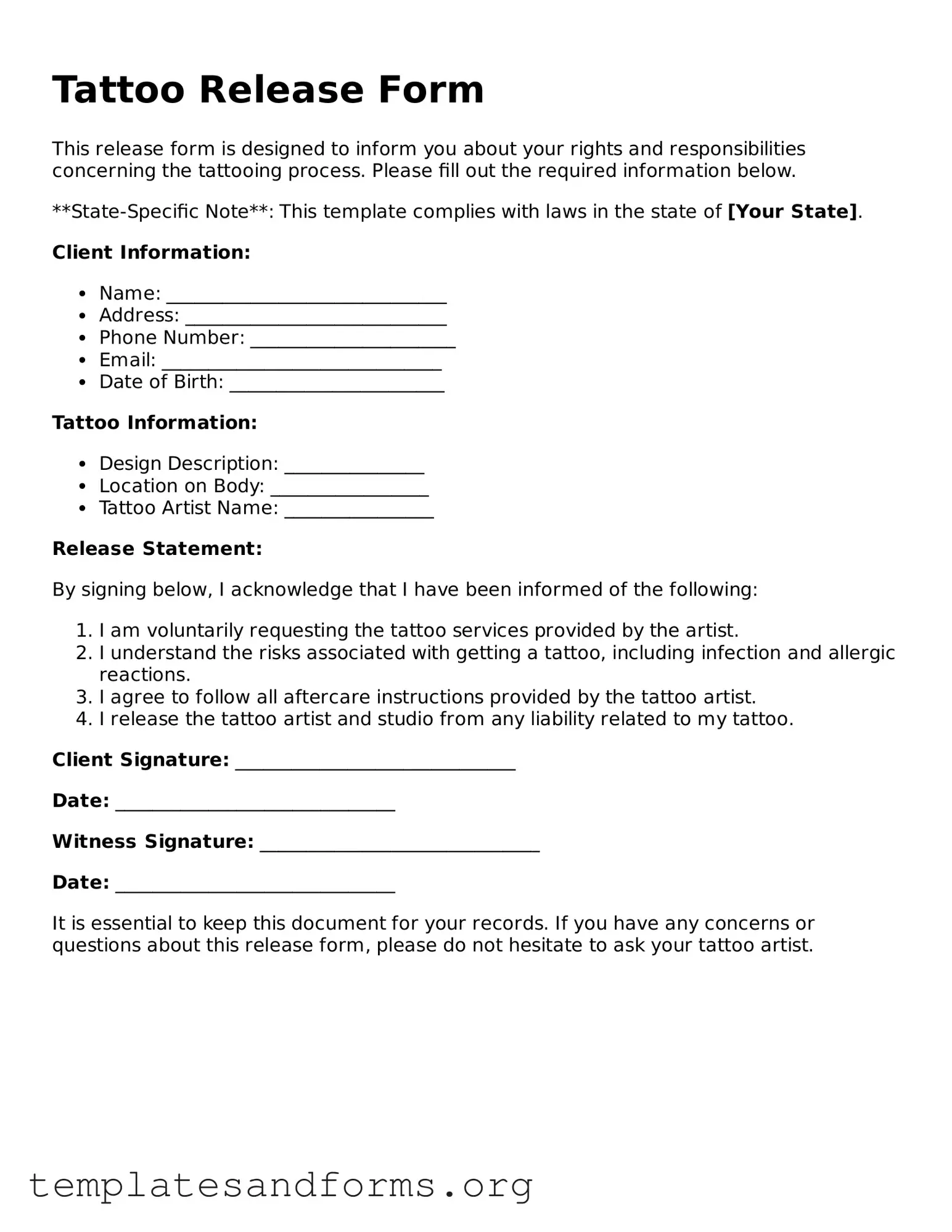 Blank Tattoo Release Document