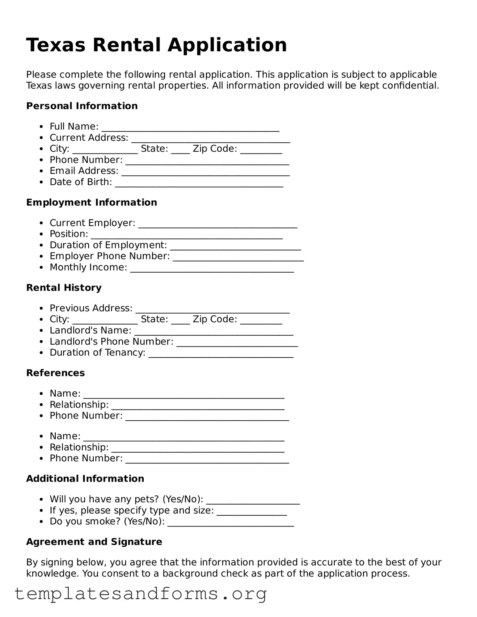 Free Rental Application Form for the State of Texas