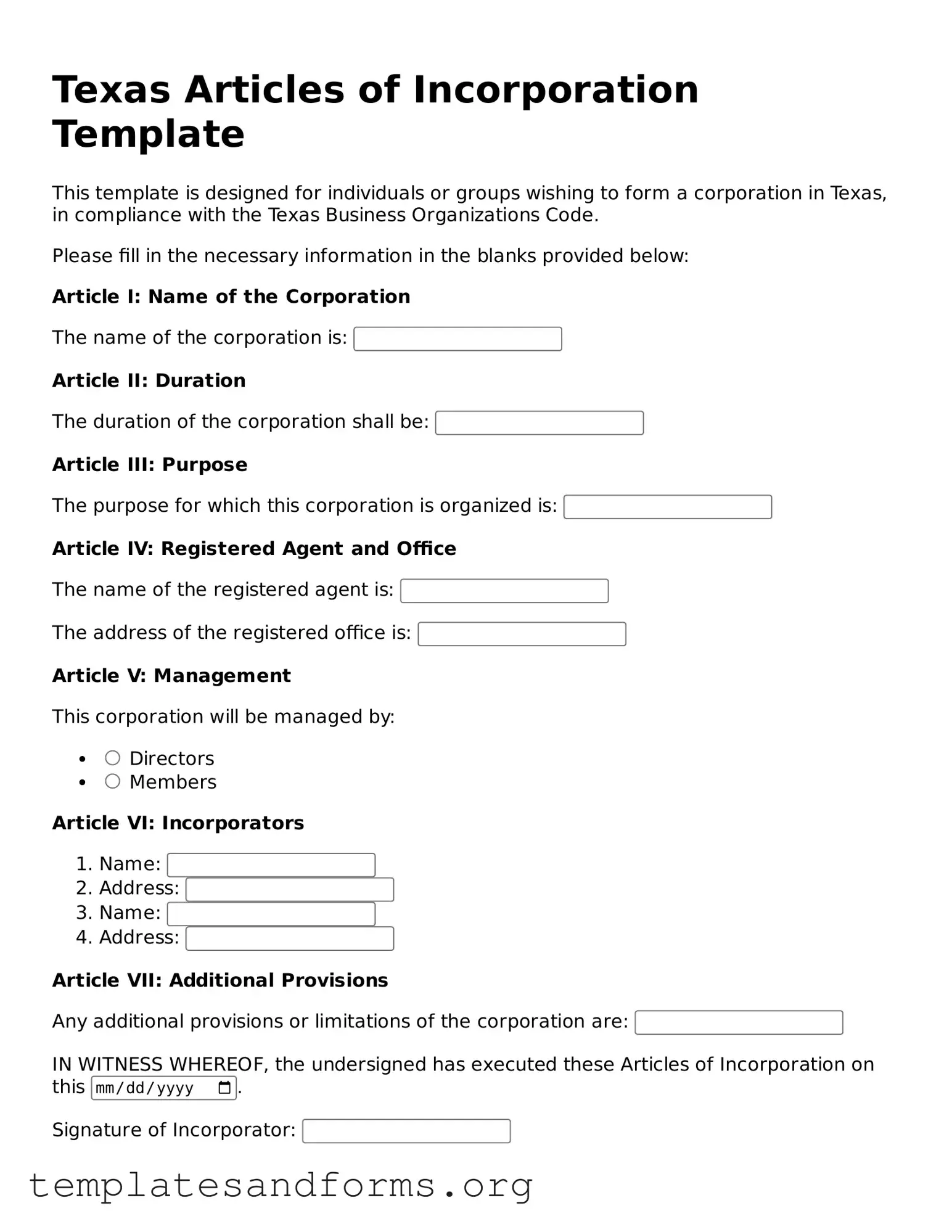 Free Articles of Incorporation Form for the State of Texas