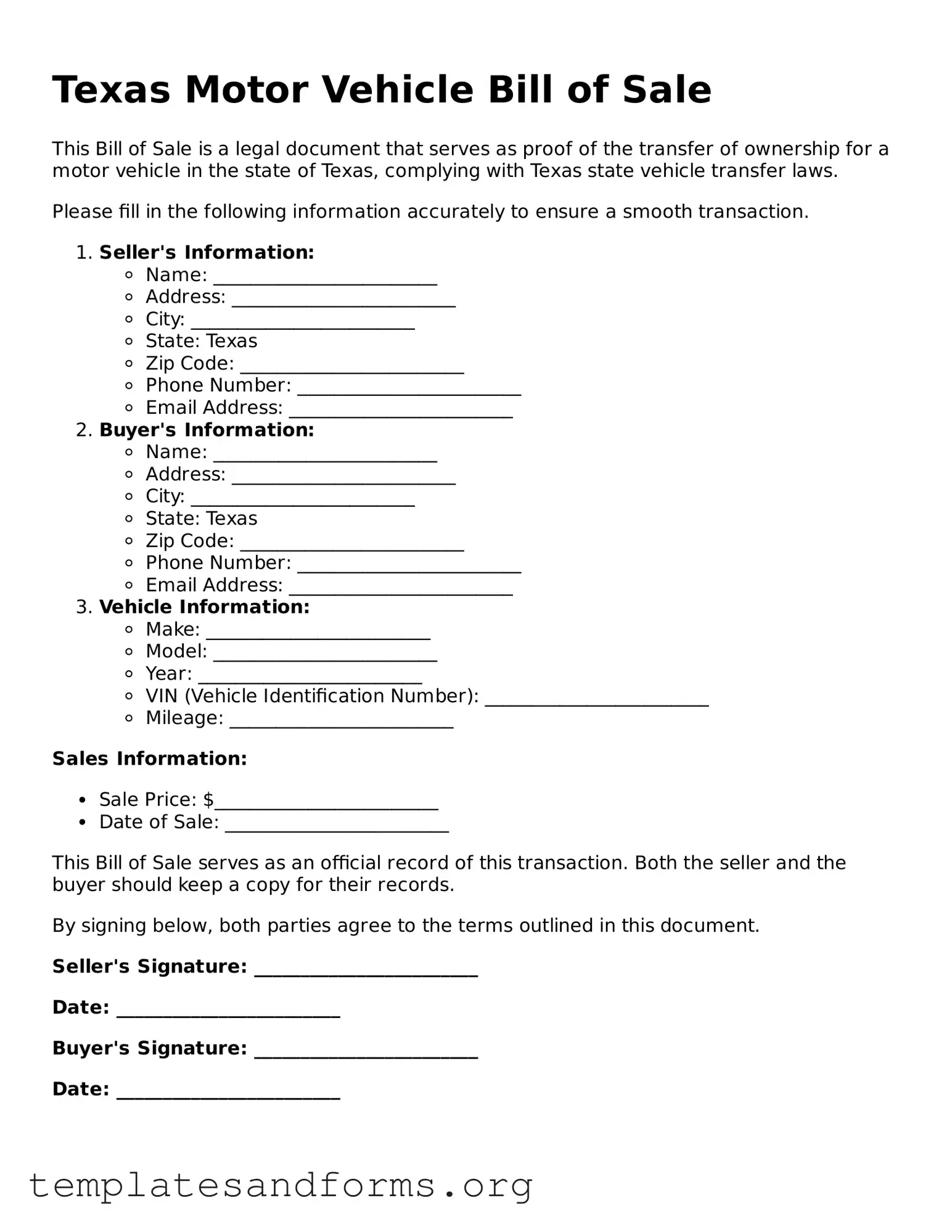 Free Motor Vehicle Bill of Sale Form for the State of Texas