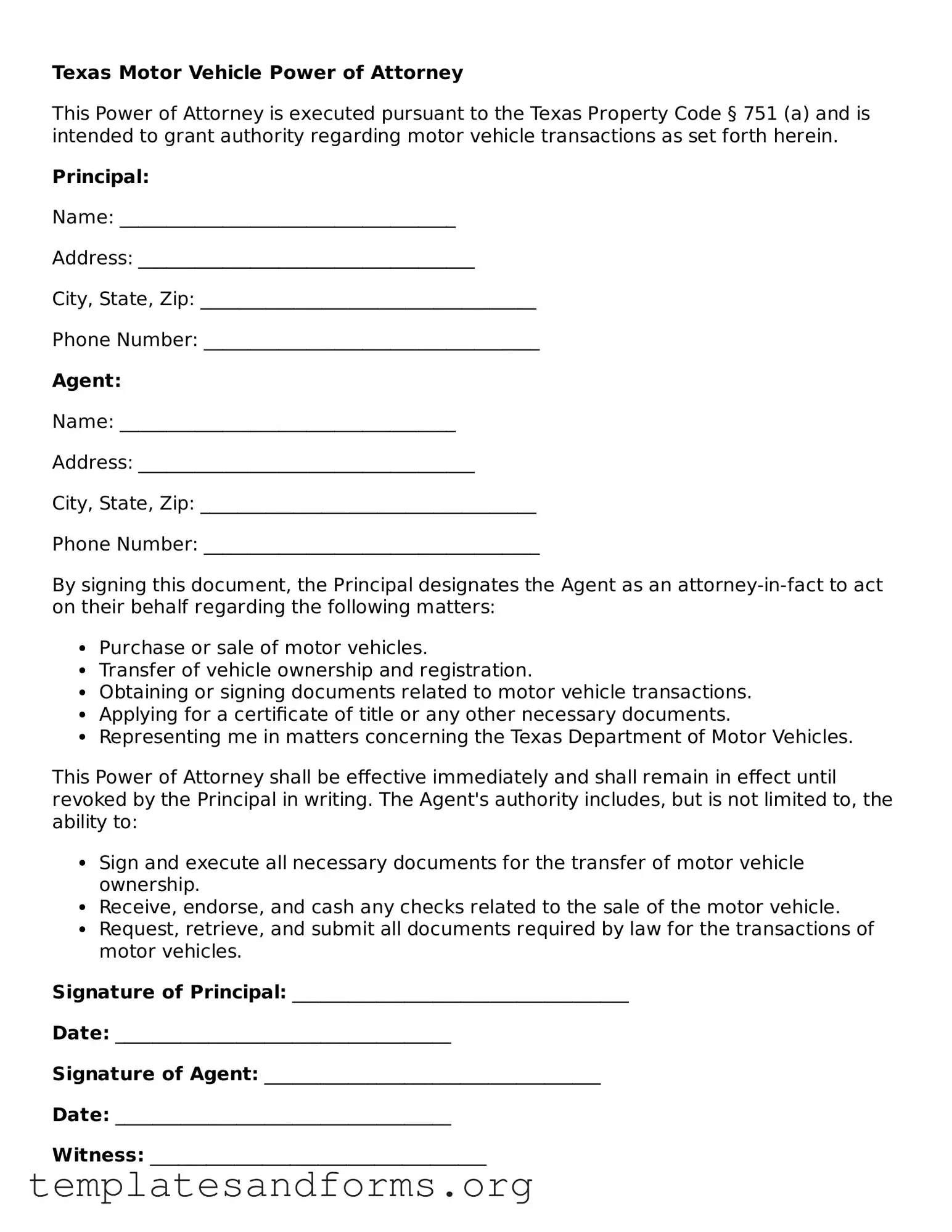 Free Motor Vehicle Power of Attorney Form for the State of Texas