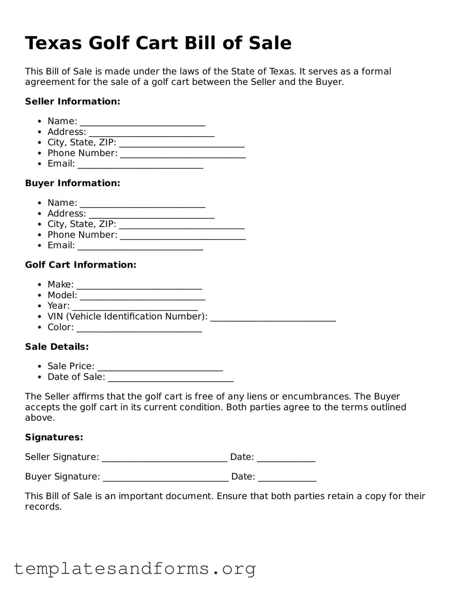 Free Golf Cart Bill of Sale Form for the State of Texas