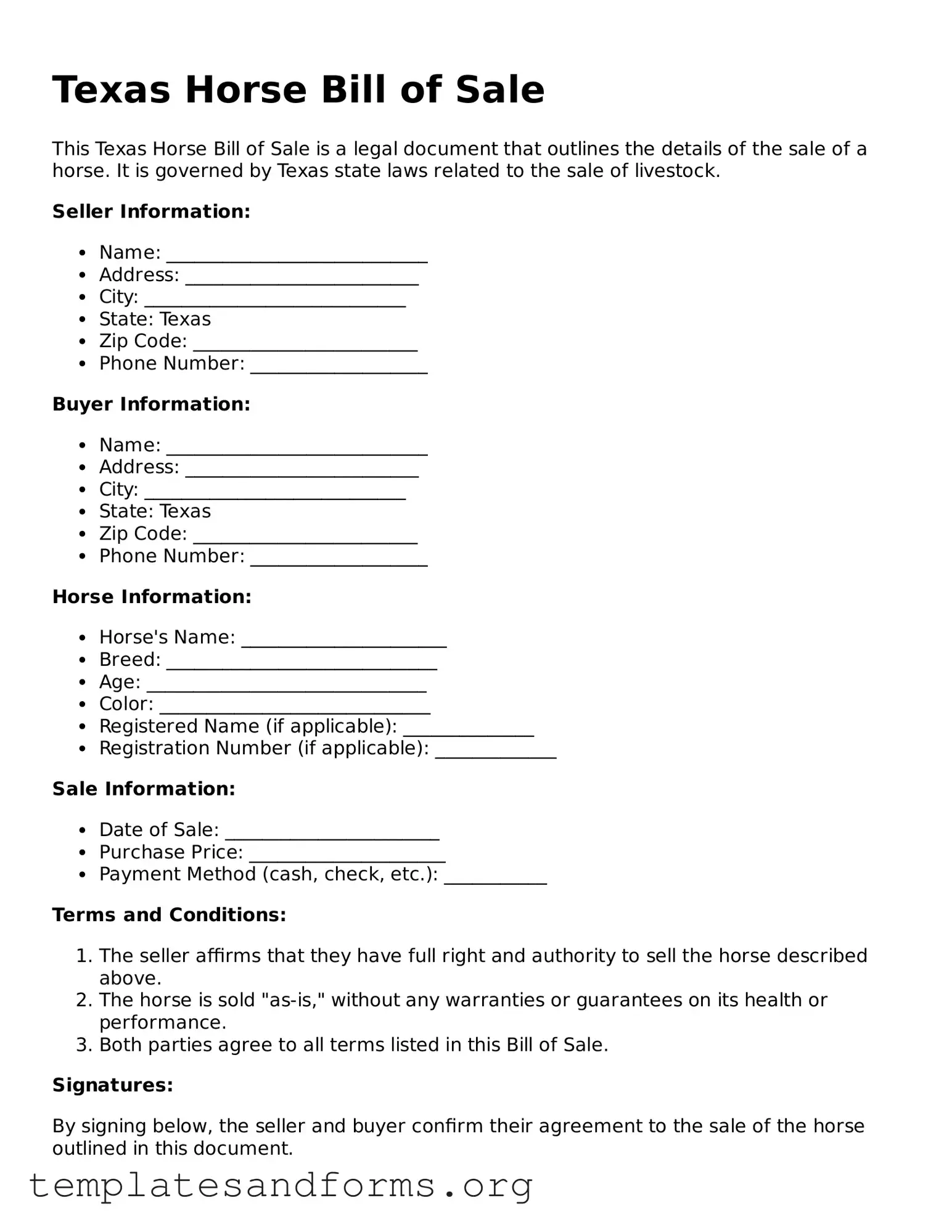 Free Horse Bill of Sale Form for the State of Texas