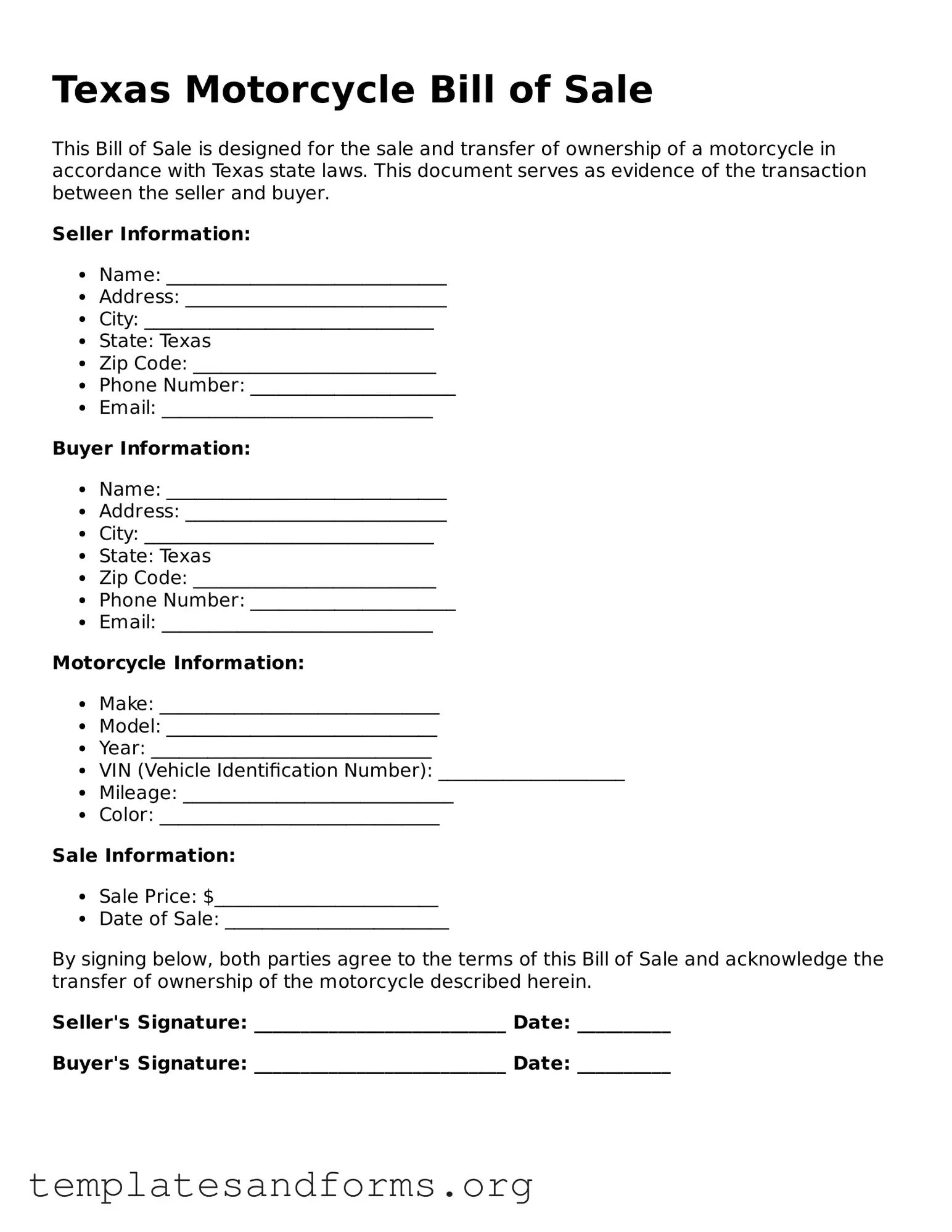 Free Motorcycle Bill of Sale Form for the State of Texas