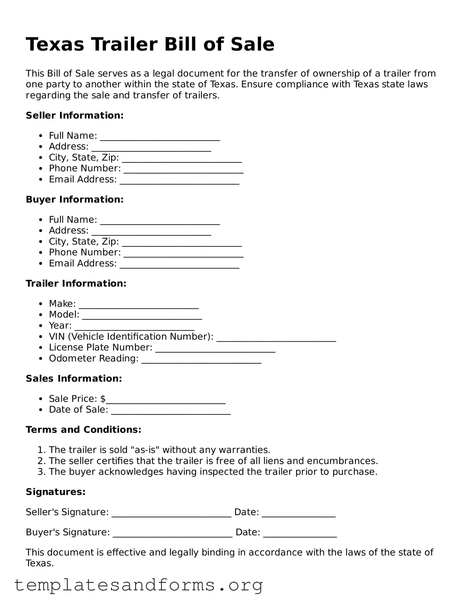 Free Trailer Bill of Sale Form for the State of Texas