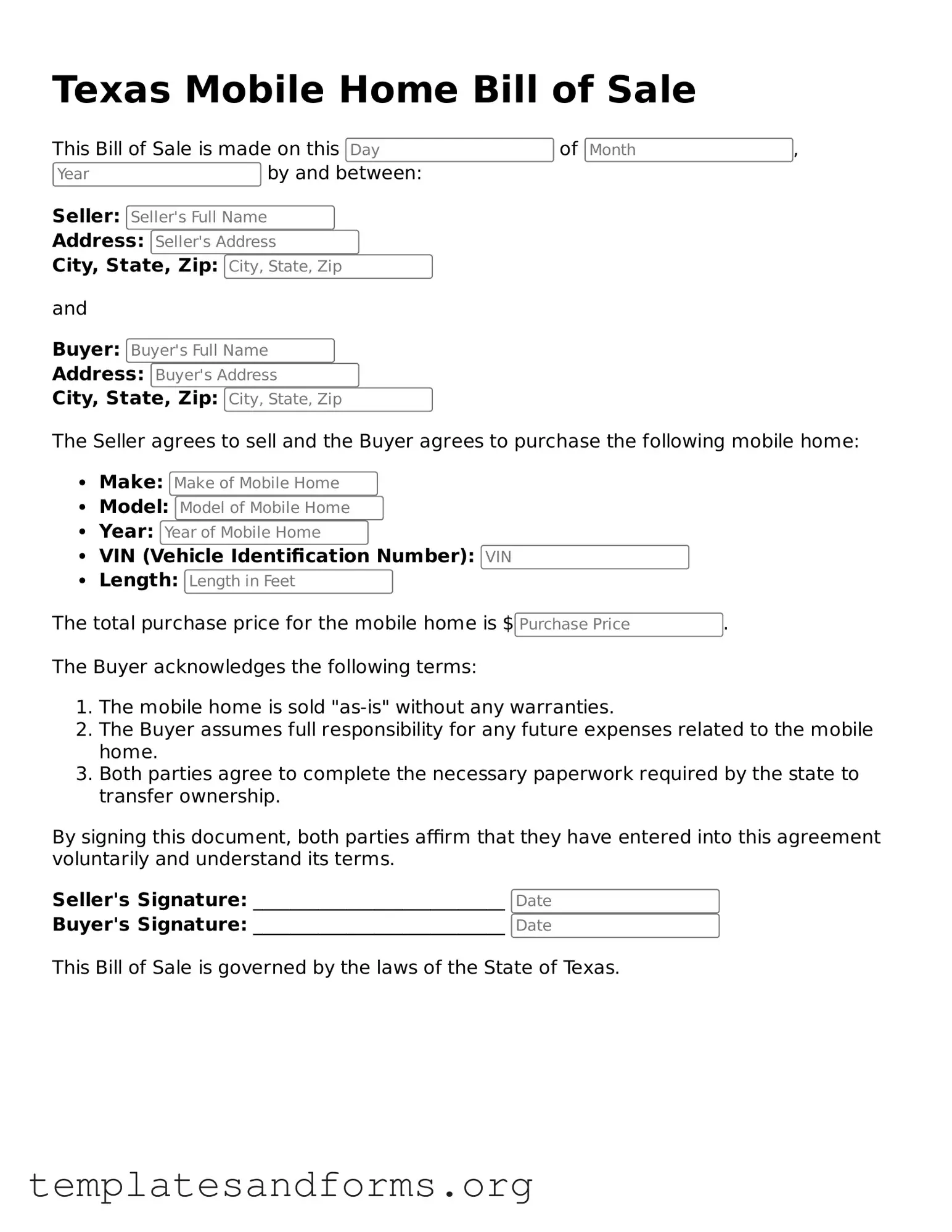 Free Mobile Home Bill of Sale Form for the State of Texas