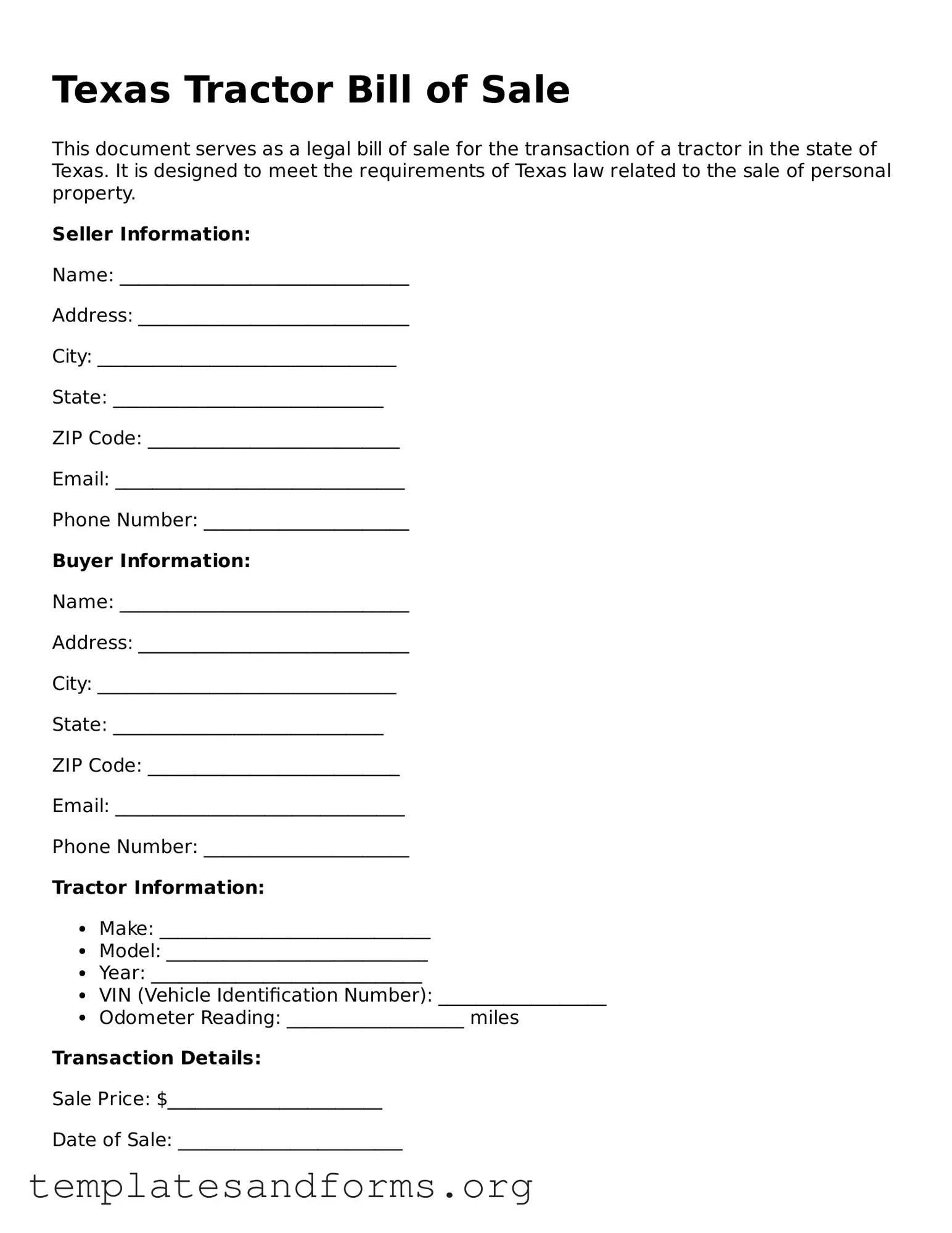 Free Tractor Bill of Sale Form for the State of Texas