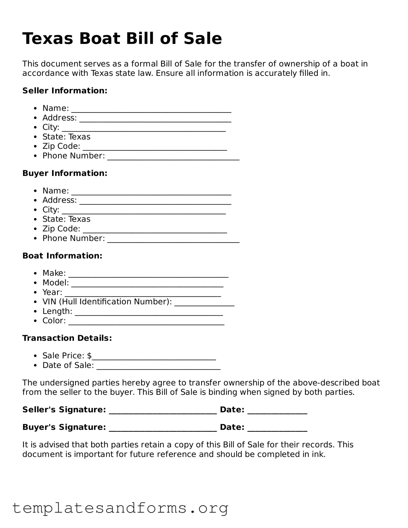 Free Boat Bill of Sale Form for the State of Texas