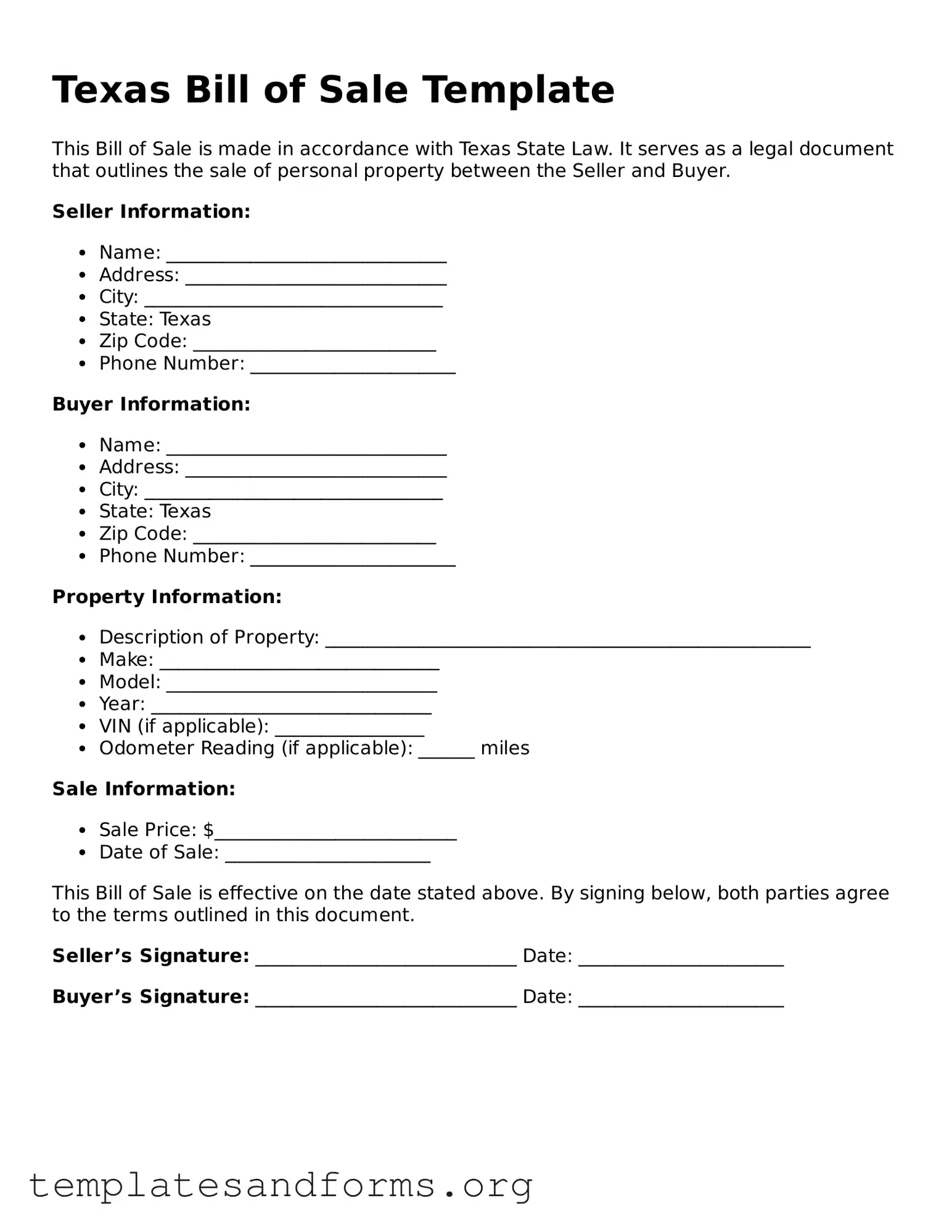 Free Bill of Sale Form for the State of Texas