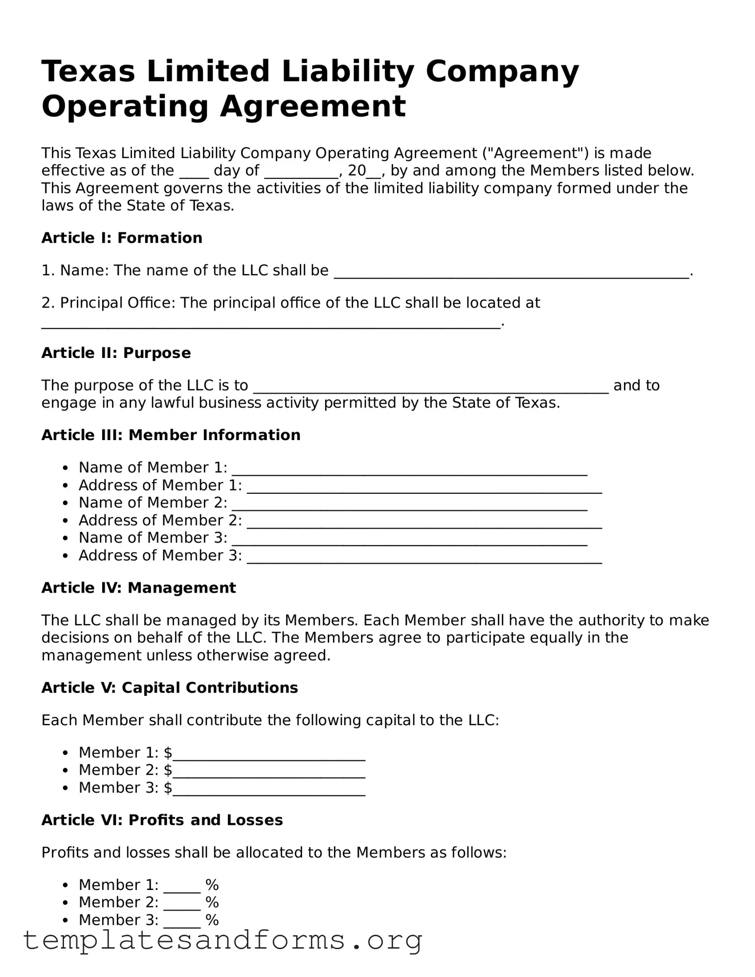Free Operating Agreement Form for the State of Texas