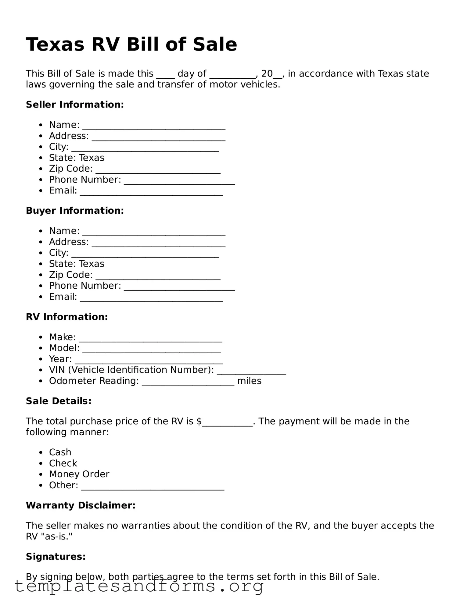 Free RV Bill of Sale Form for the State of Texas