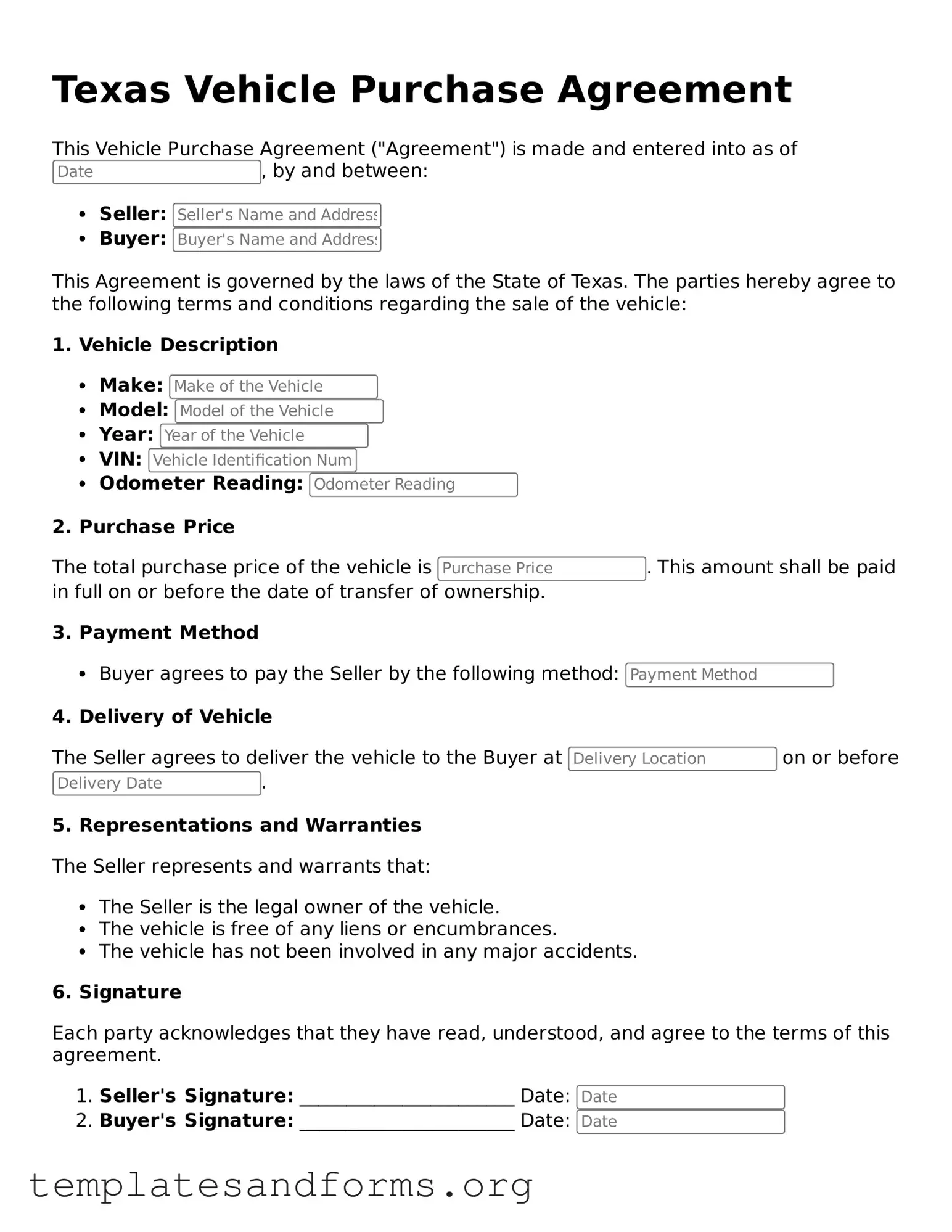 Free Vehicle Purchase Agreement Form for the State of Texas