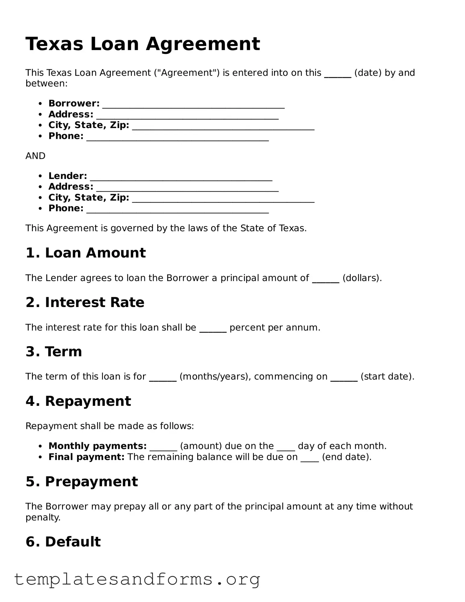 Free Loan Agreement Form for the State of Texas