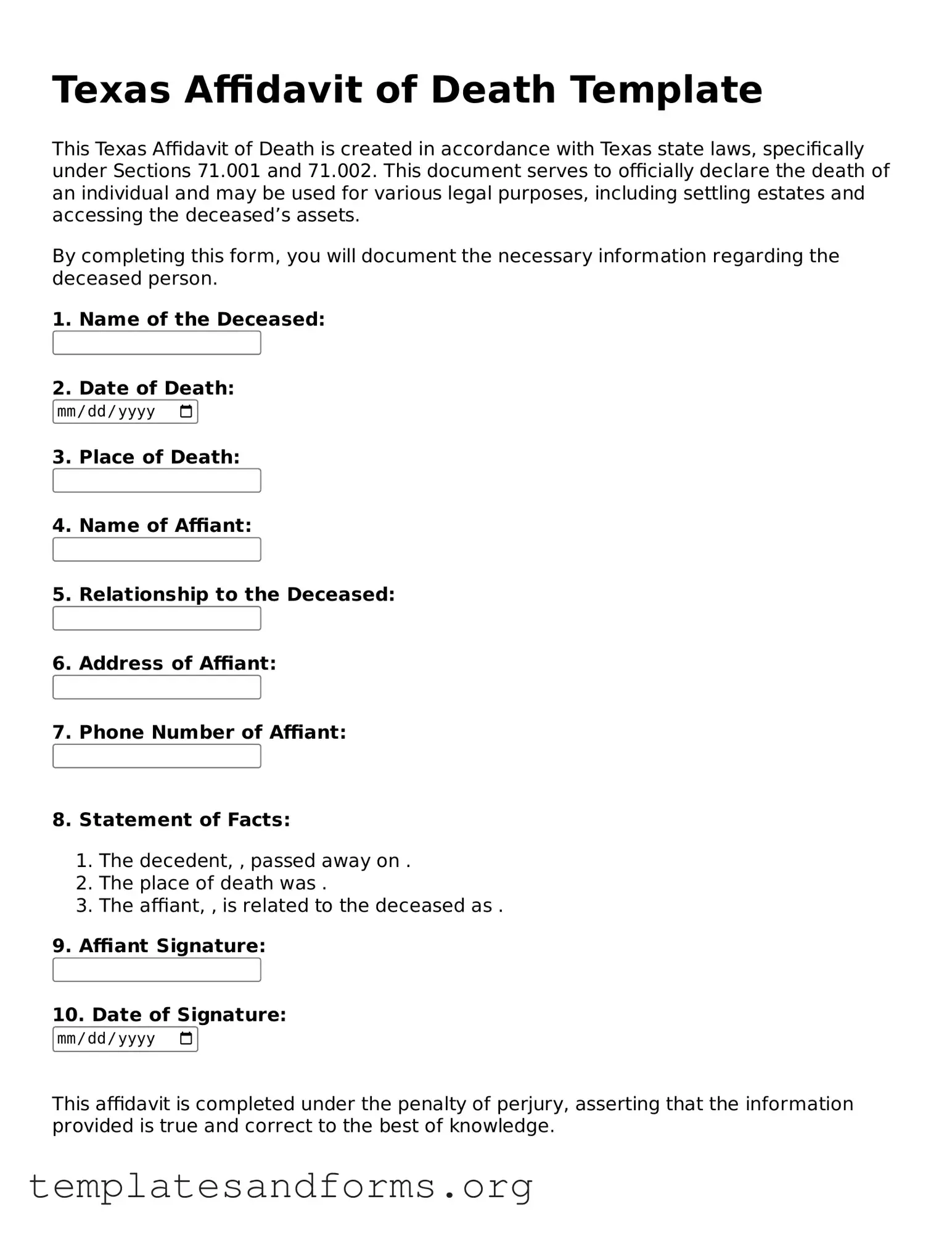 Free Affidavit of Death Form for the State of Texas