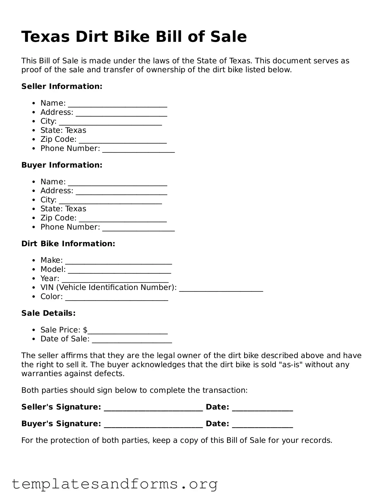 Free Dirt Bike Bill of Sale Form for the State of Texas