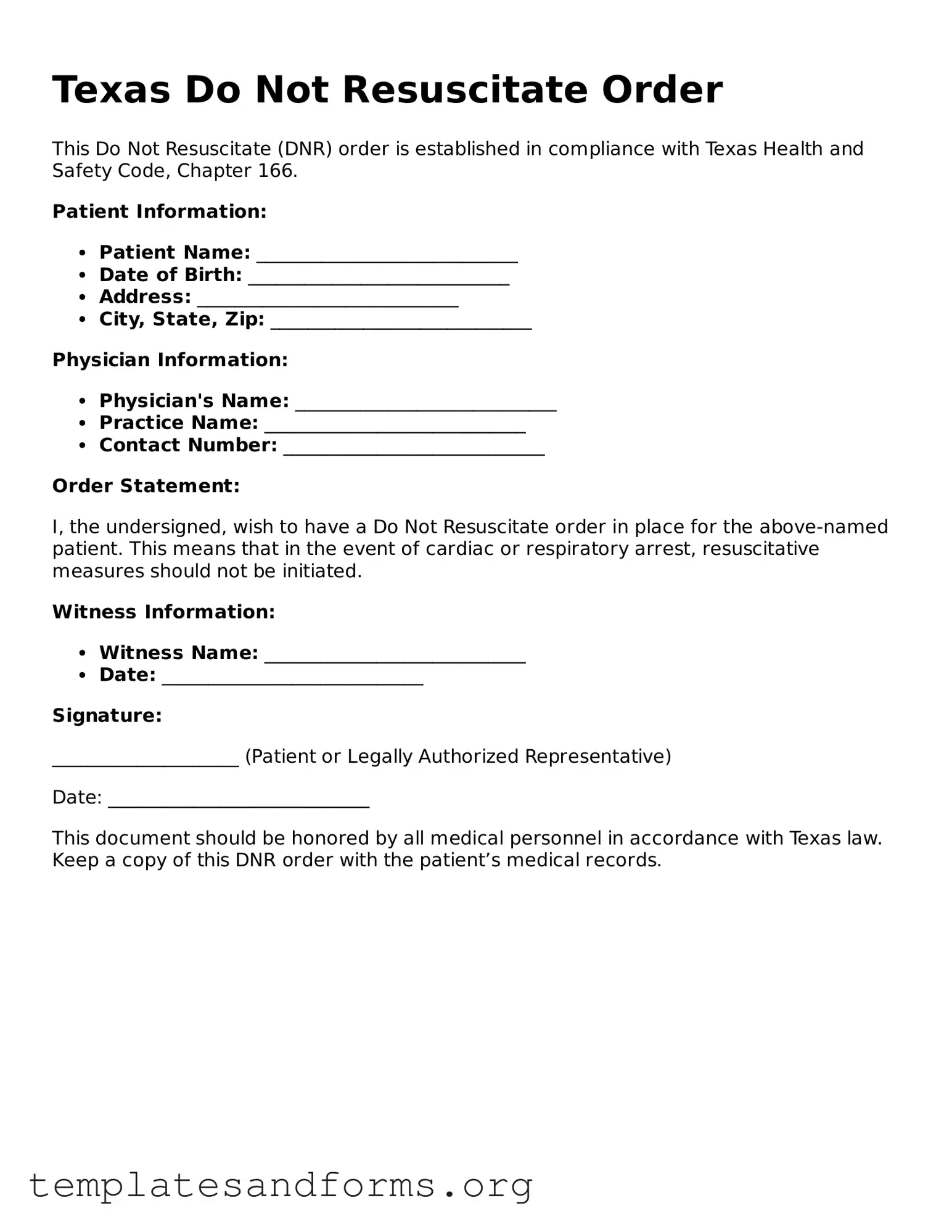 Free Do Not Resuscitate Order Form for the State of Texas