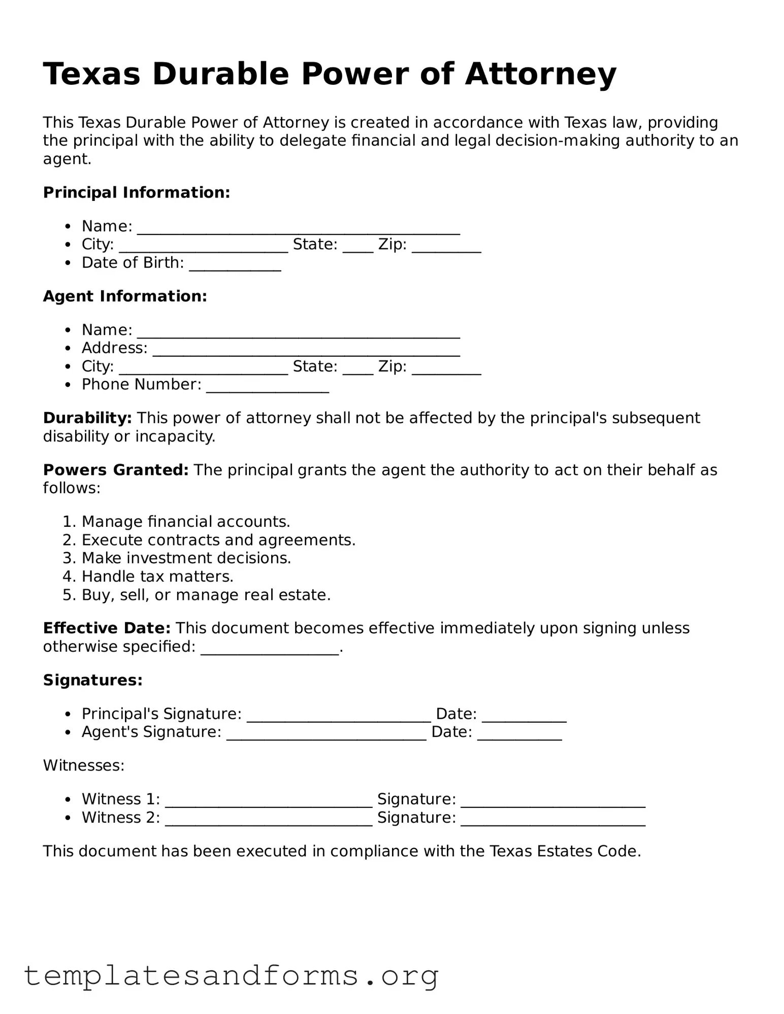 Free Durable Power of Attorney Form for the State of Texas