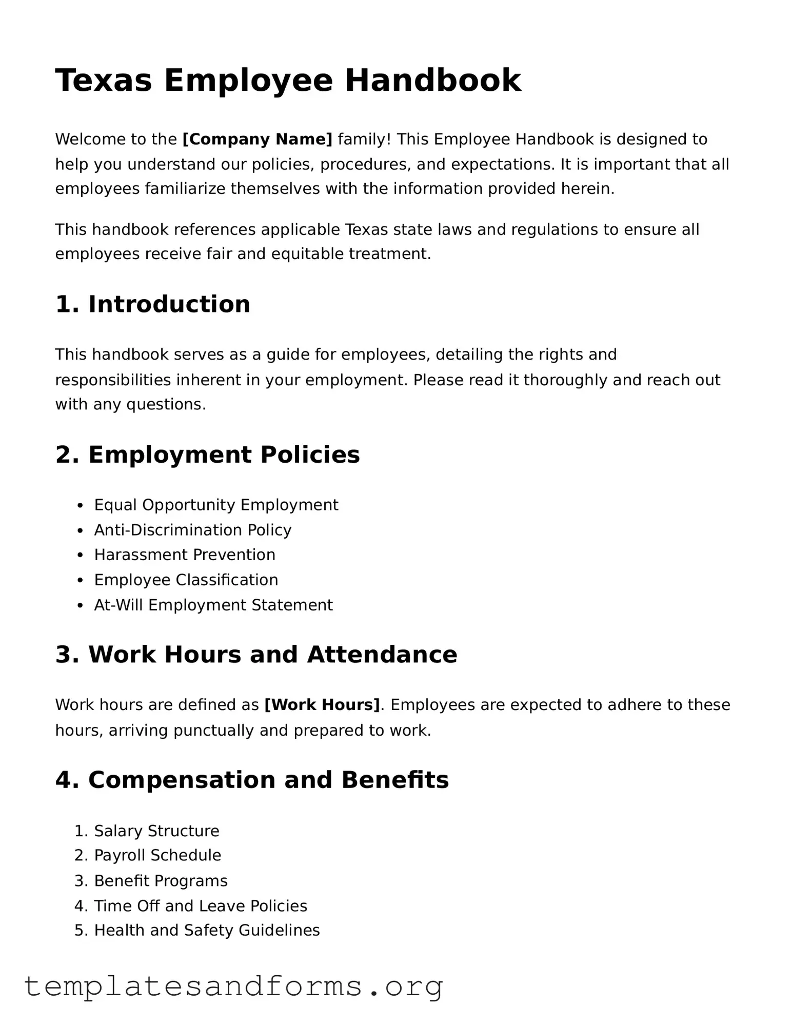 Free Employee Handbook Form for the State of Texas