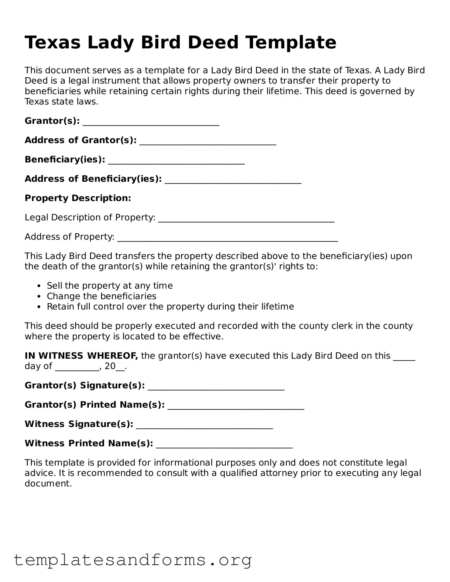 Free Lady Bird Deed Form for the State of Texas