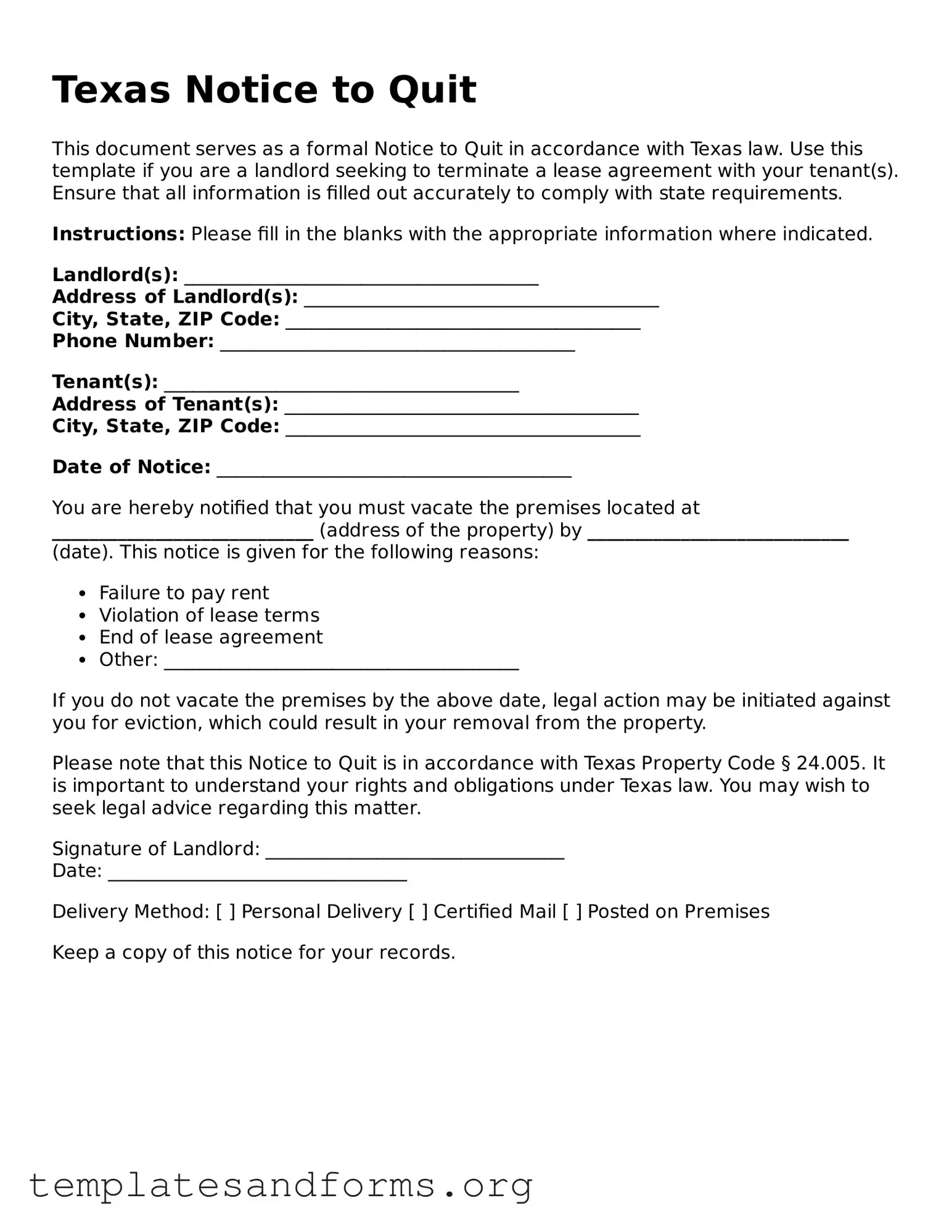 Free Notice to Quit Form for the State of Texas