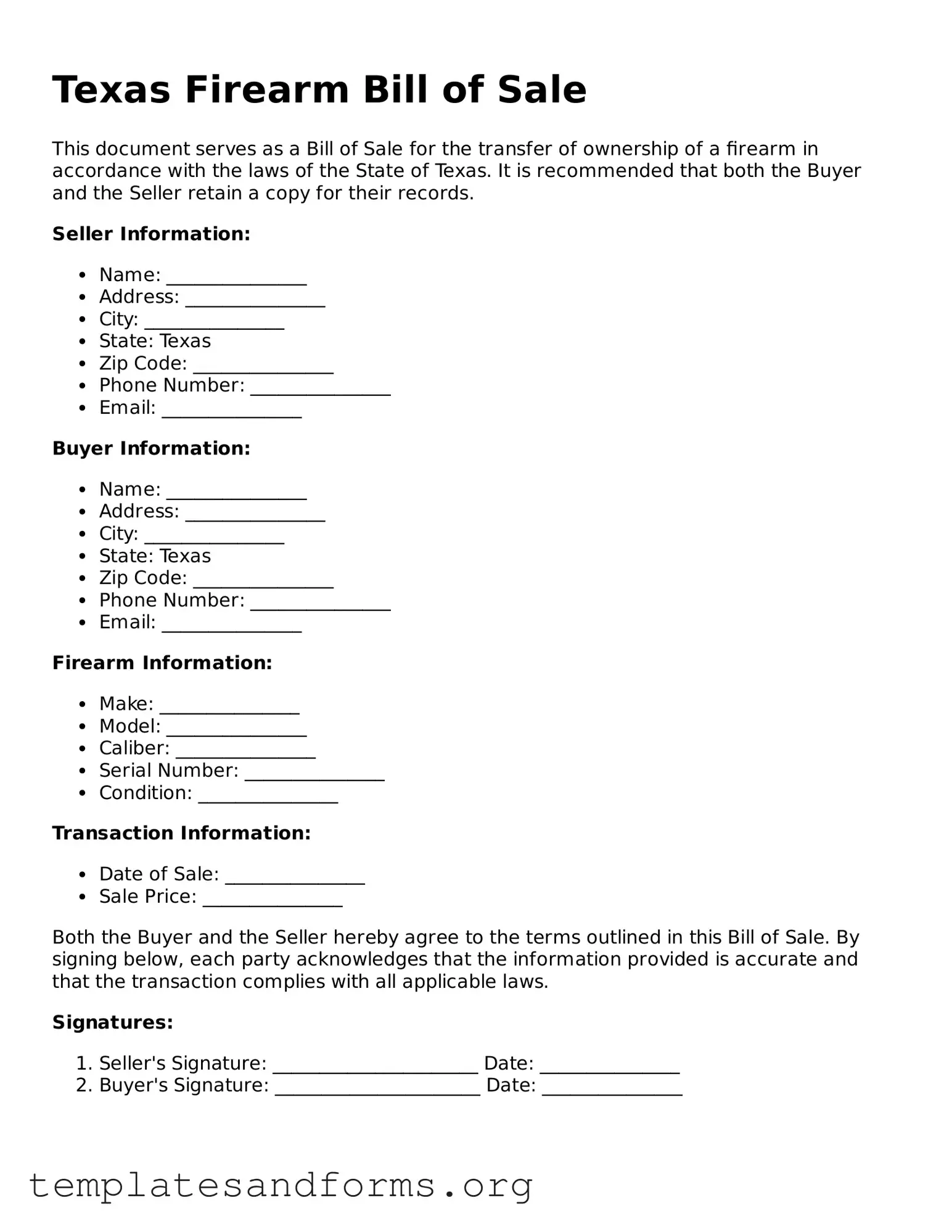 Free Firearm Bill of Sale Form for the State of Texas